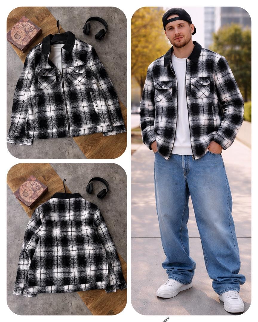 Black and white plaid flannel jacket shown in flat lays and on model with jeans.