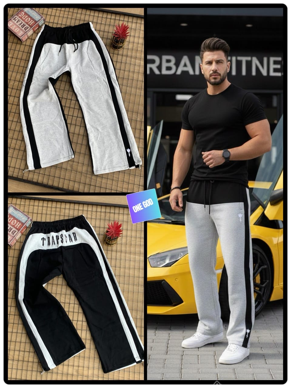 Flat lay and model shots of gray and black Trapstar stripe joggers showing side stripes and logo.