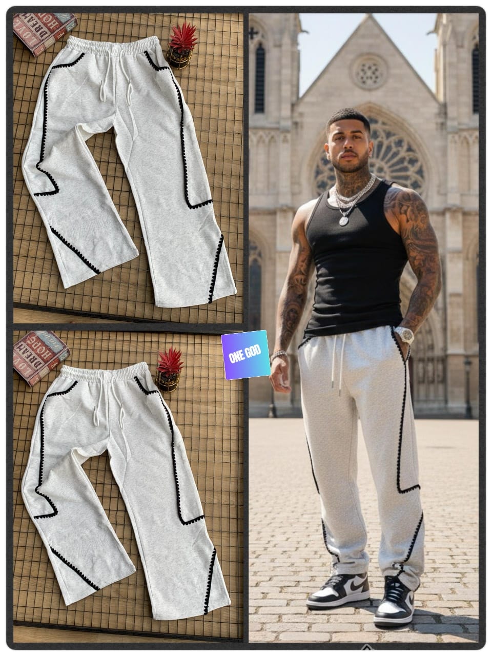 Light gray joggers with black stitch detailing in flat lay and model view.