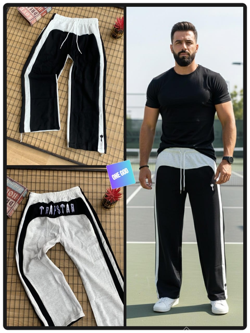 Flat lay views and model wearing black and gray Trapstar stripe joggers with contrast panels.