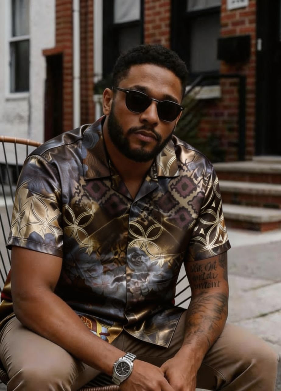 Man in shiny gold and brown geometric pattern short sleeve shirt.