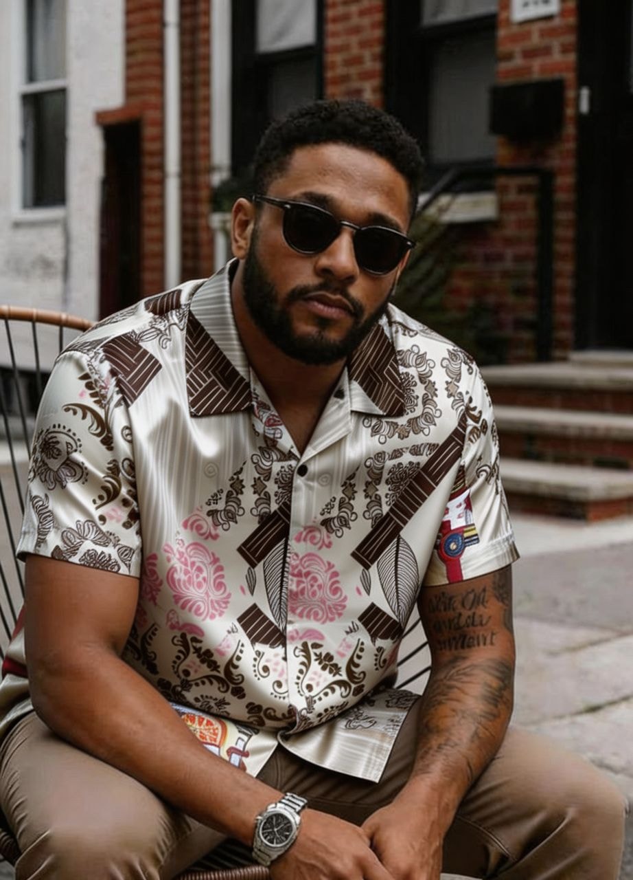 Man modeling white shirt with brown geometric, pink floral and paisley prints.