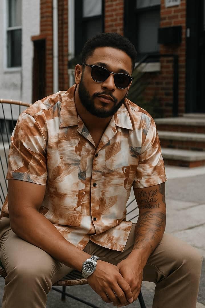 Man wearing brown abstract brushstroke pattern short sleeve button-up shirt.