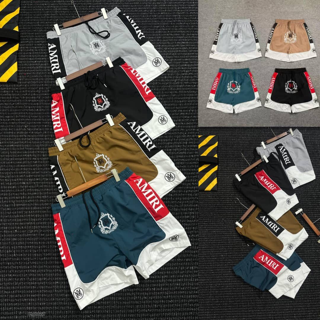 Multiple AMIRI logo shorts in gray black brown teal and other colors shown in collage.