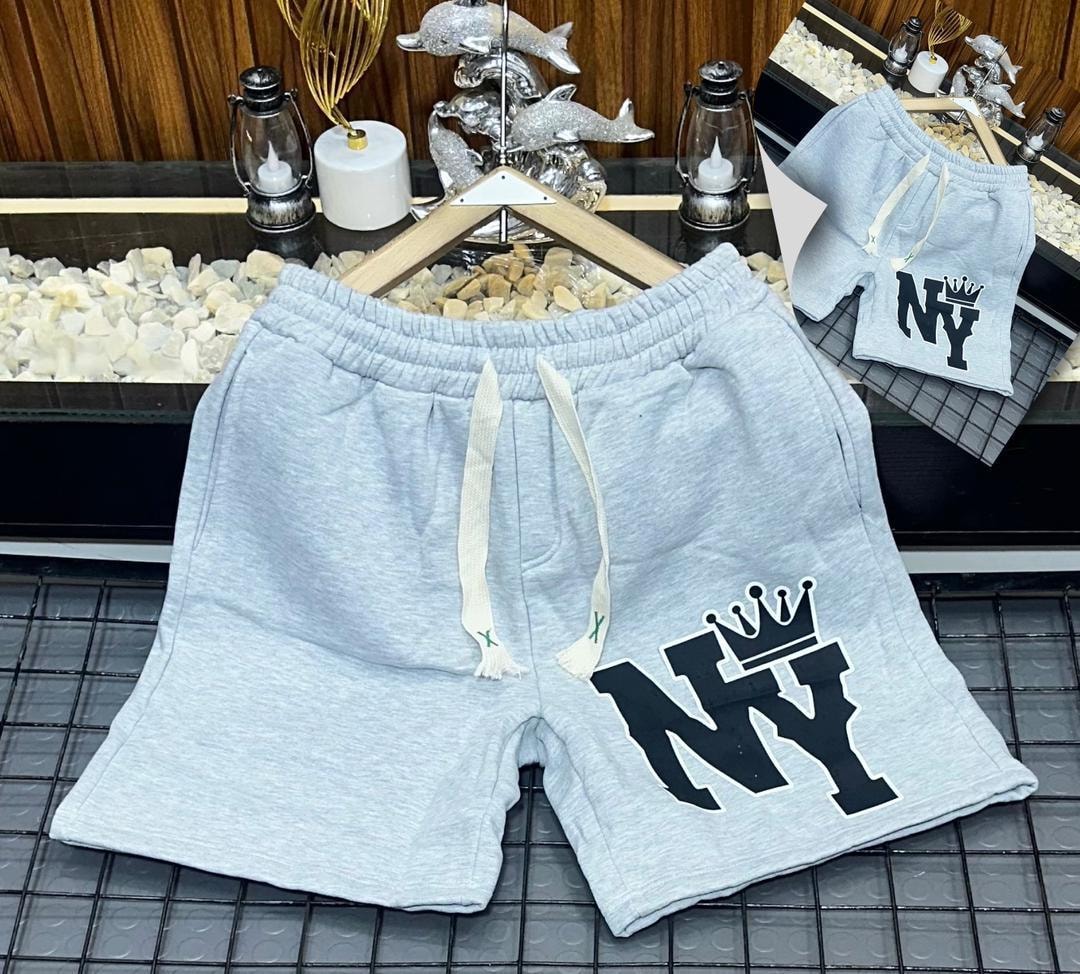 Light gray short joggers with large black NY crown graphic on the leg.