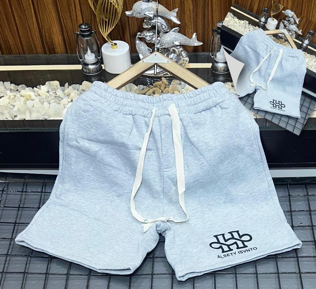 Light gray short joggers with black ALSETY ISVNTO logo and symbol embroidery.