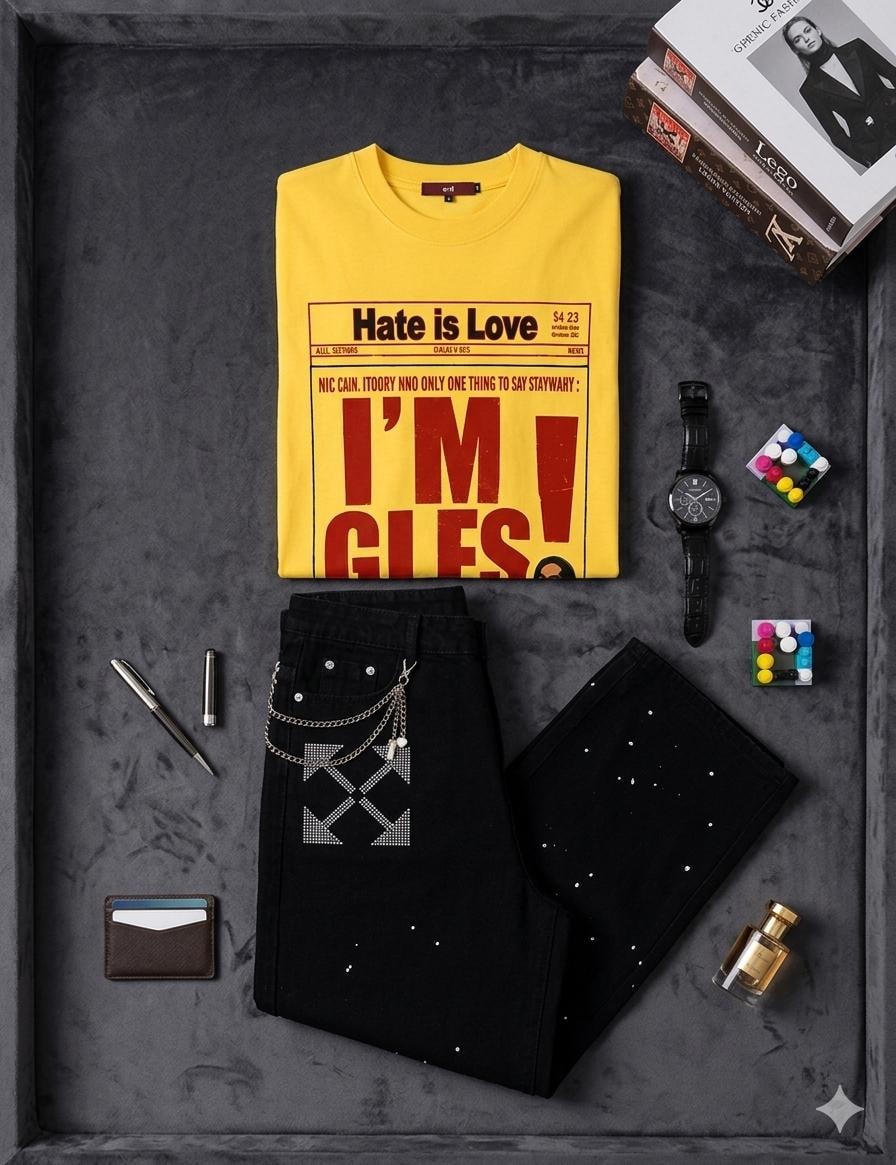 Yellow newspaper graphic t-shirt folded above black embellished pants with accessories on dark surface.