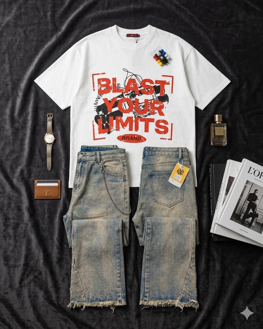 White Blast Your Limits graphic t-shirt laid with two pairs of light wash distressed jeans on dark fabric.