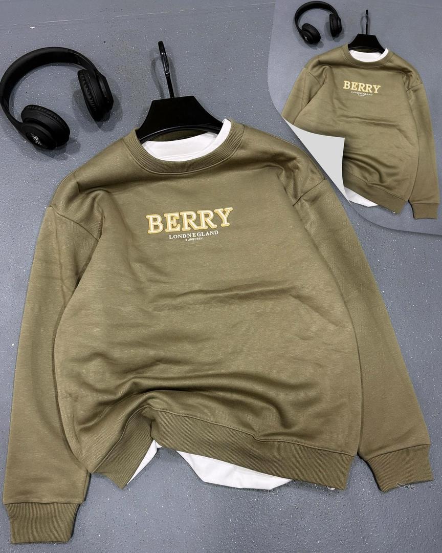 Olive green crewneck sweatshirt with Berry embroidered text.