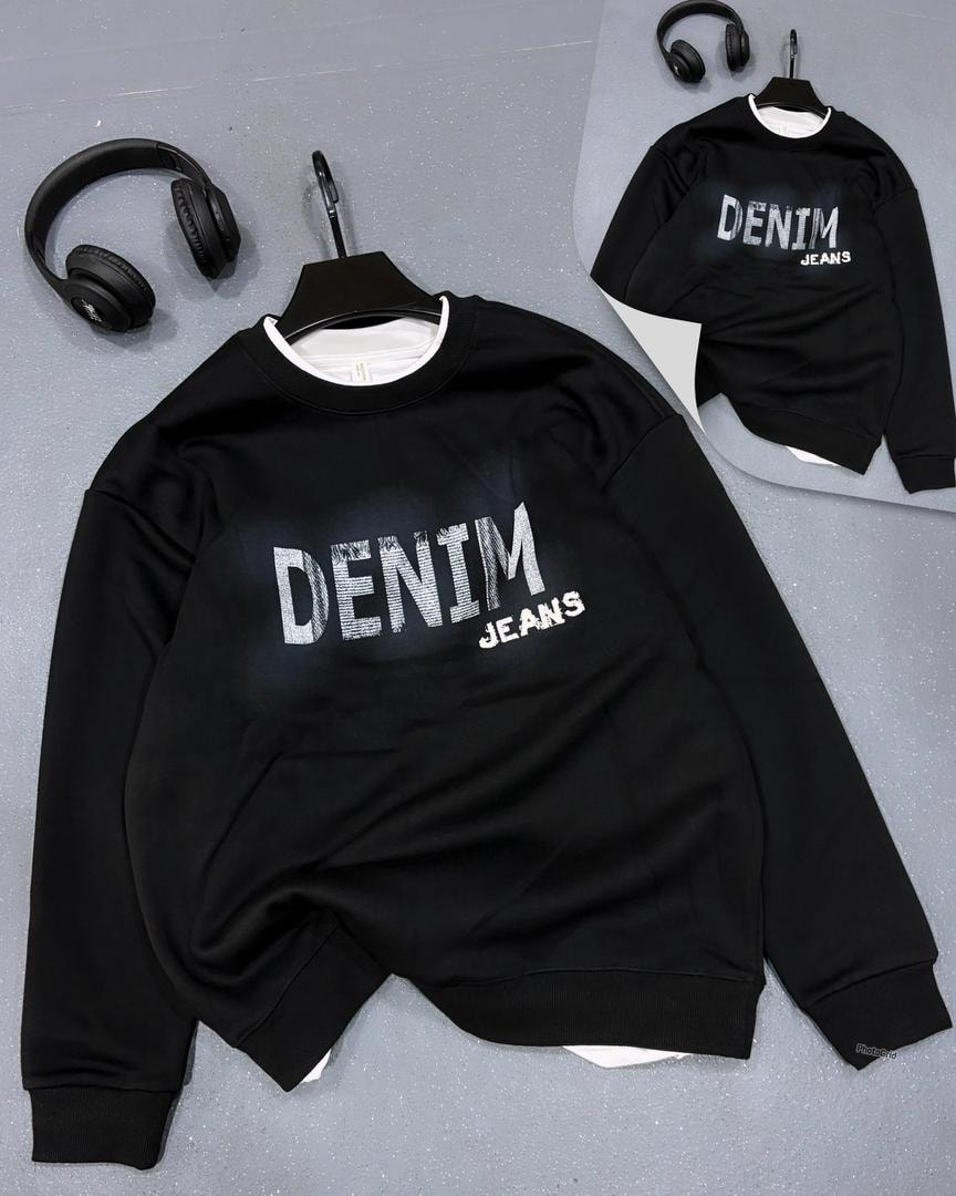 Black crewneck sweatshirt with large Denim Jeans text print.