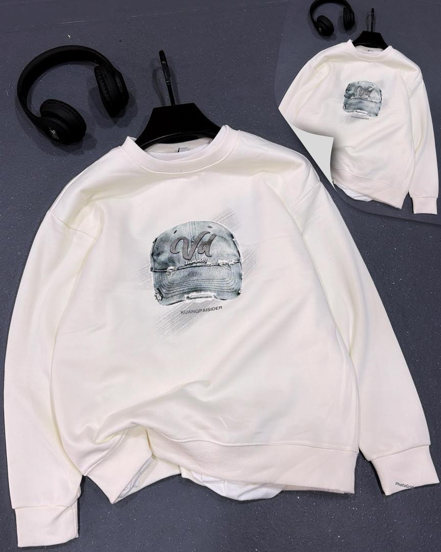 White crewneck sweatshirt with distressed baseball cap graphic on chest.