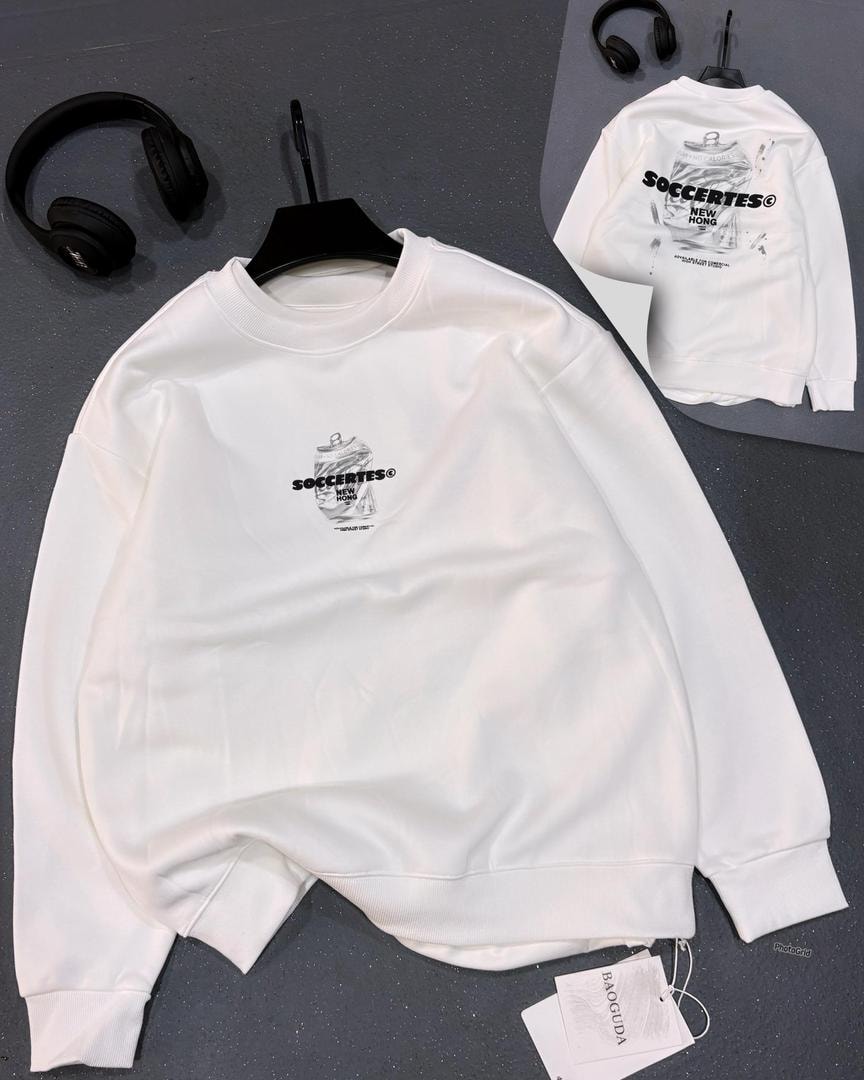 White crewneck sweatshirt with Soccertes crushed can graphic on chest.