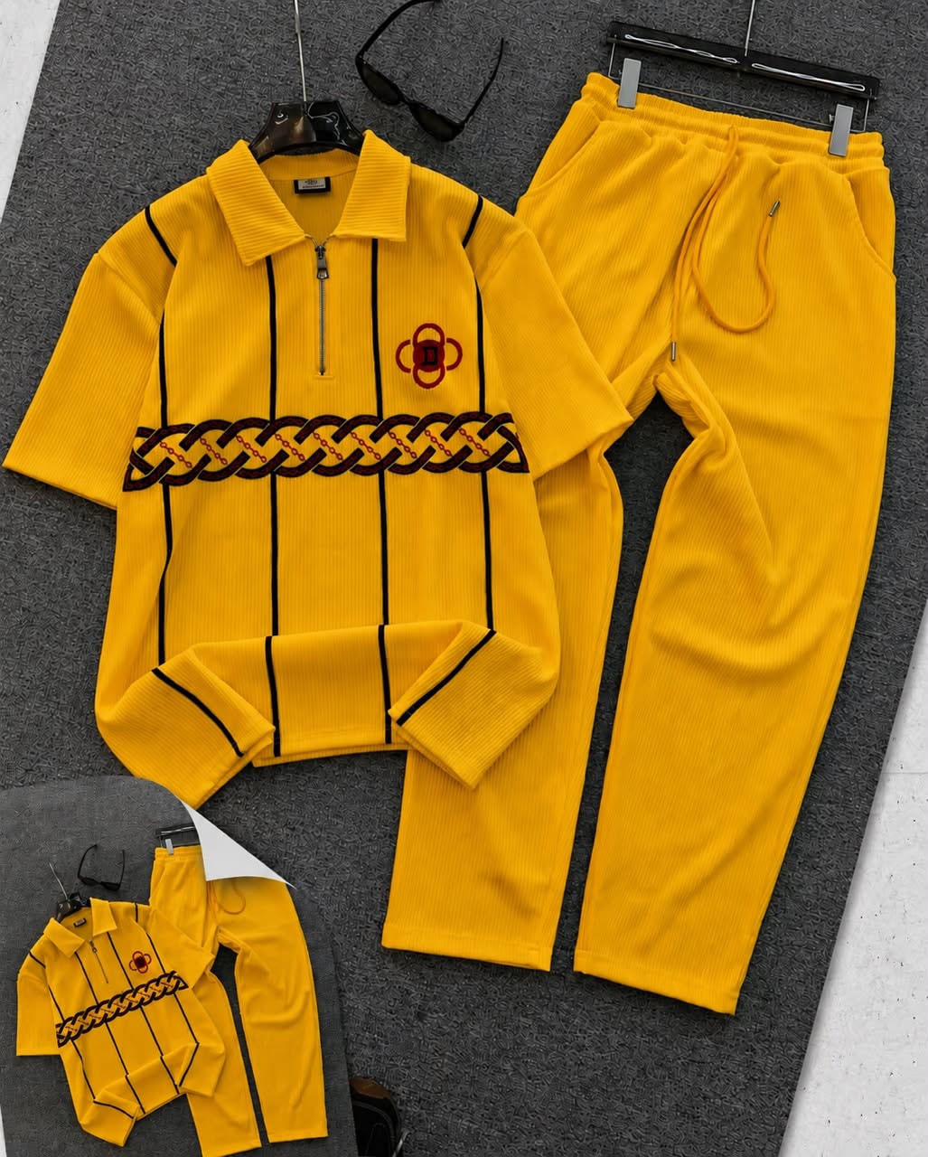 Yellow ribbed polo and jogger two-piece set with chain embroidery.