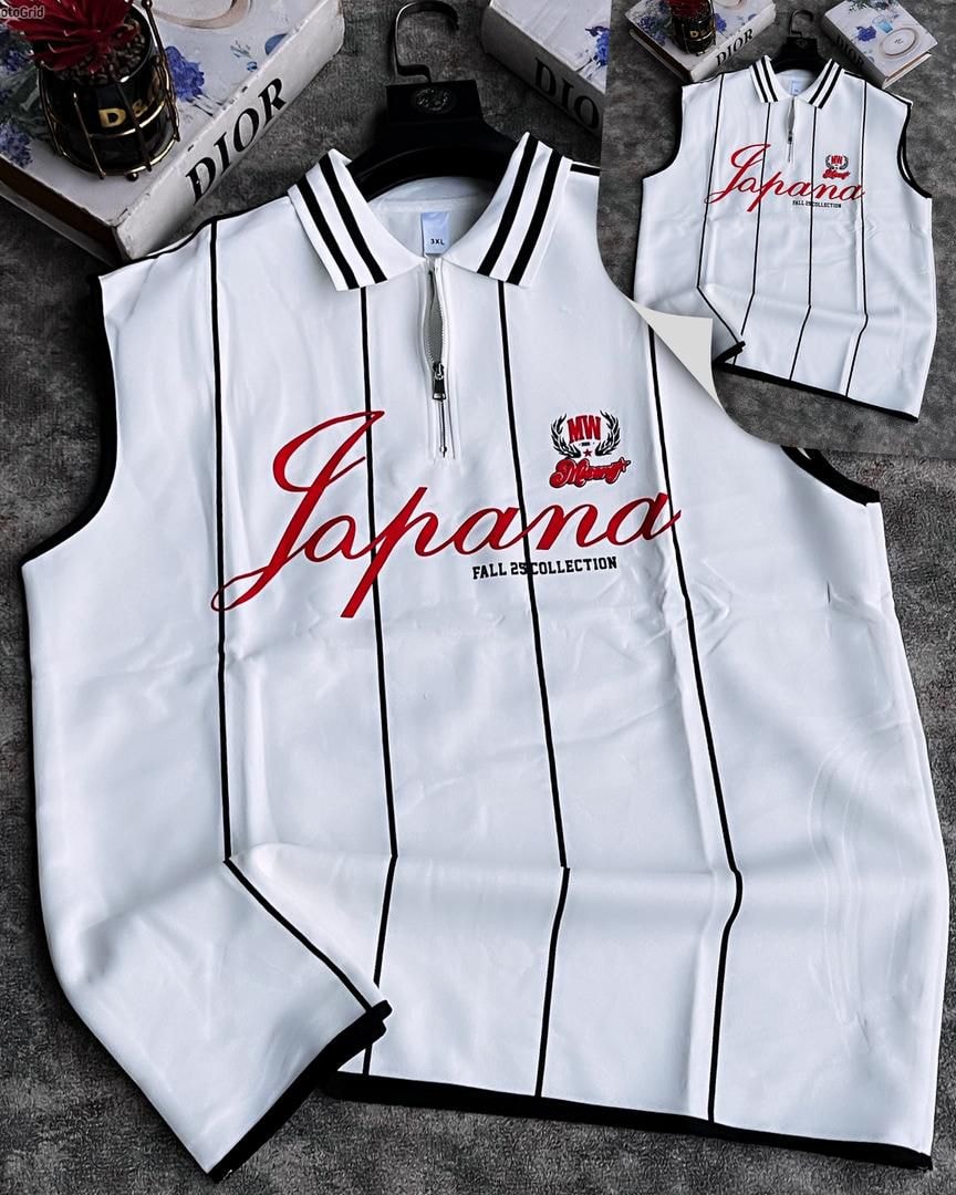White striped armless top with Japana print and quarter zip, shown flat and on hanger.