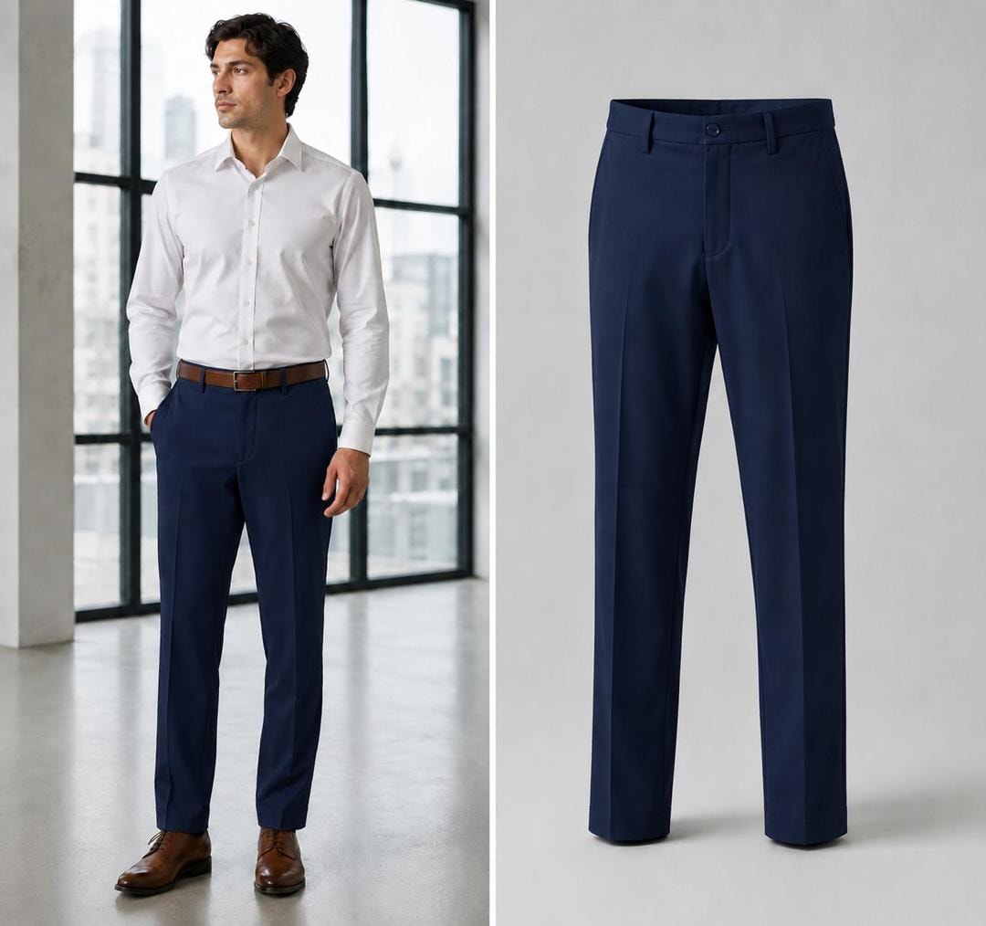 Navy suit trousers on male model paired with white shirt and standalone flat view.