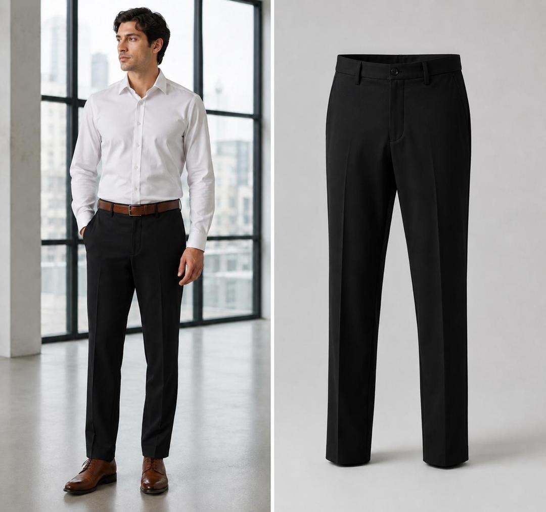 Black suit trousers on male model with white shirt and separate flat lay view.