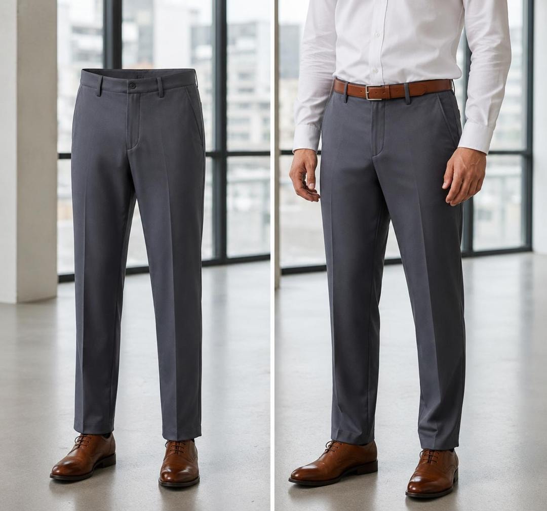 Gray suit trousers shown on model with white shirt and flat lay product shot.