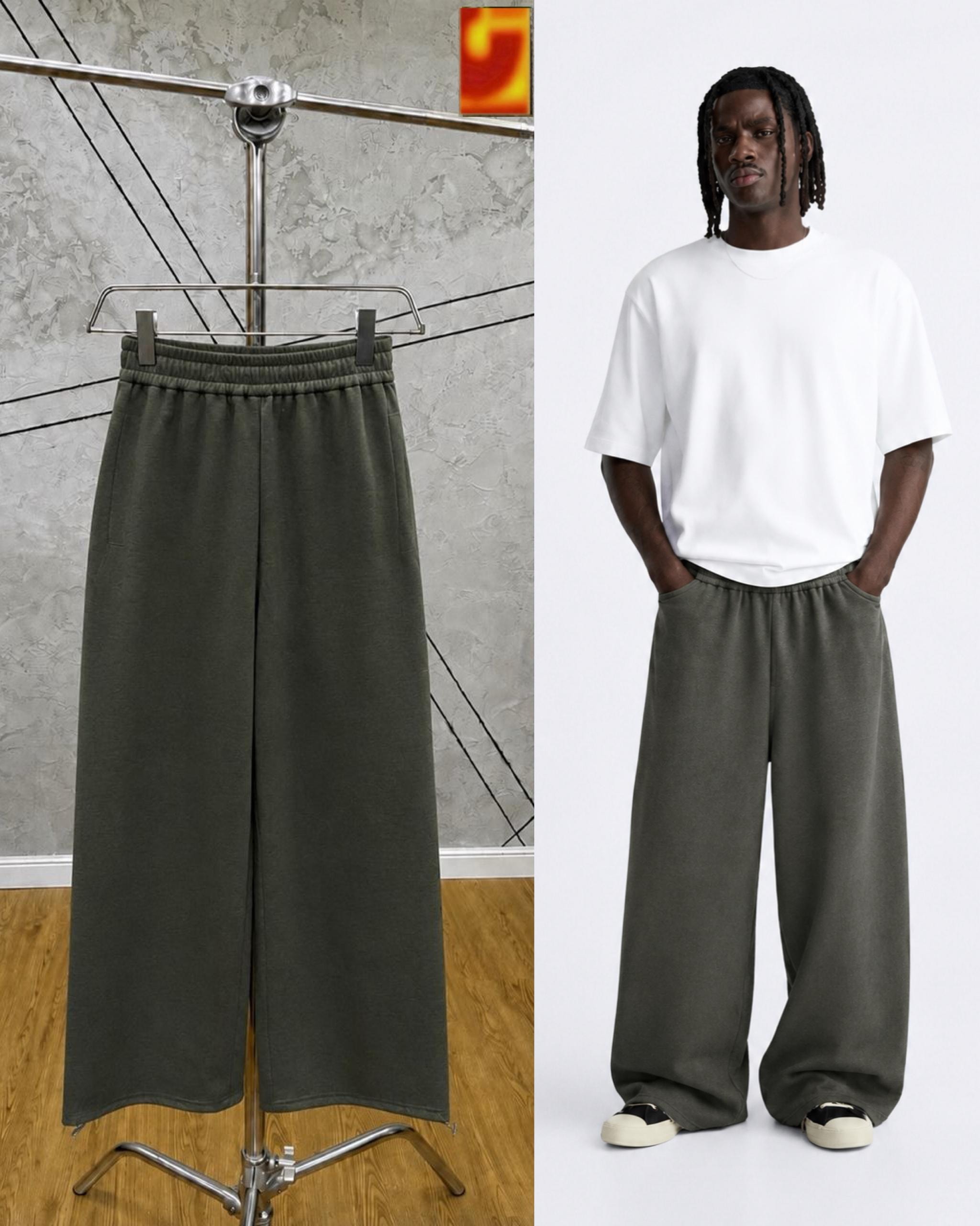 Olive unisex wide-leg joggers on hanger and model in white t-shirt