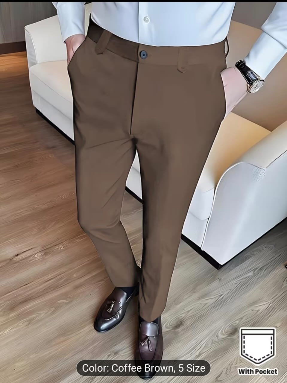 Man modeling coffee brown corporate trousers with white shirt and loafers.