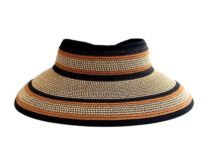 Striped black beige and brown woven sun visor on white background.