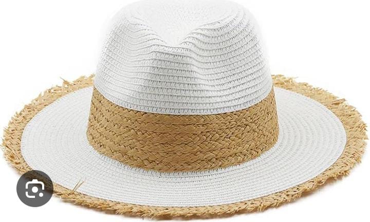 White and tan woven straw sun hat on white background.