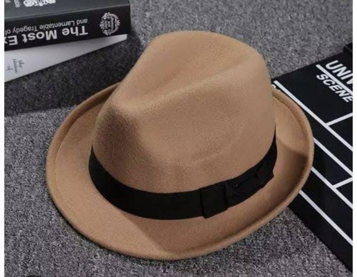 Camel felt fedora hat with black band on textured surface.