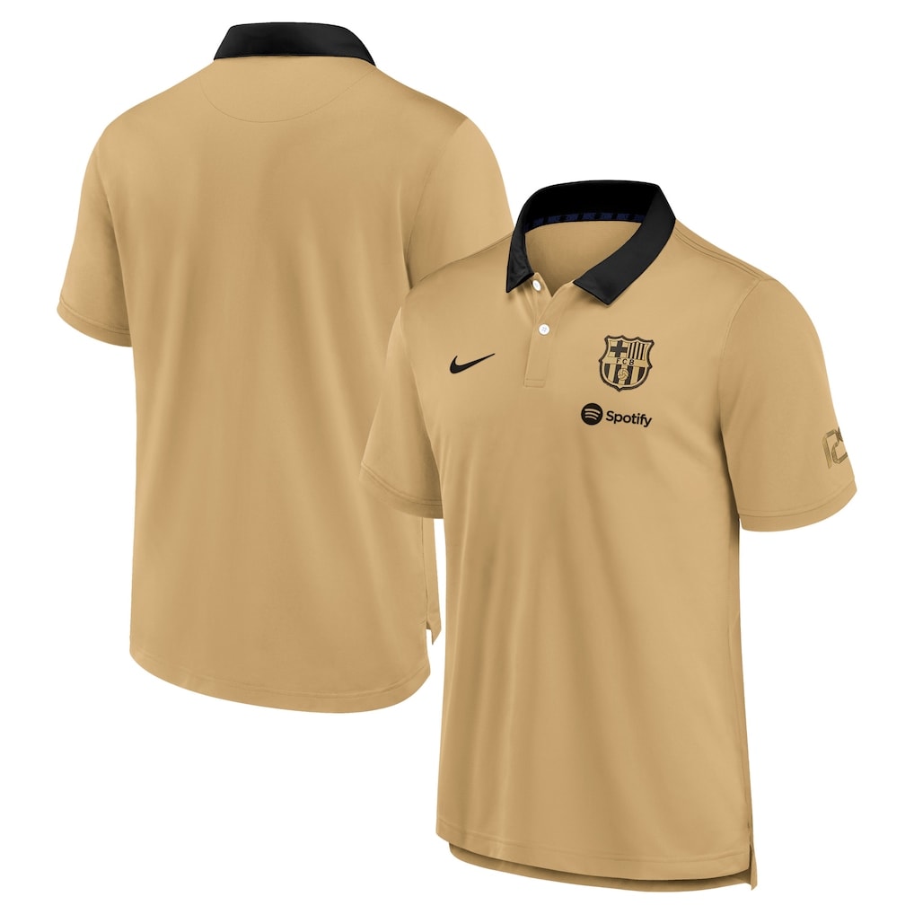 Beige FC Barcelona polo jersey shown from front and back views on white background.