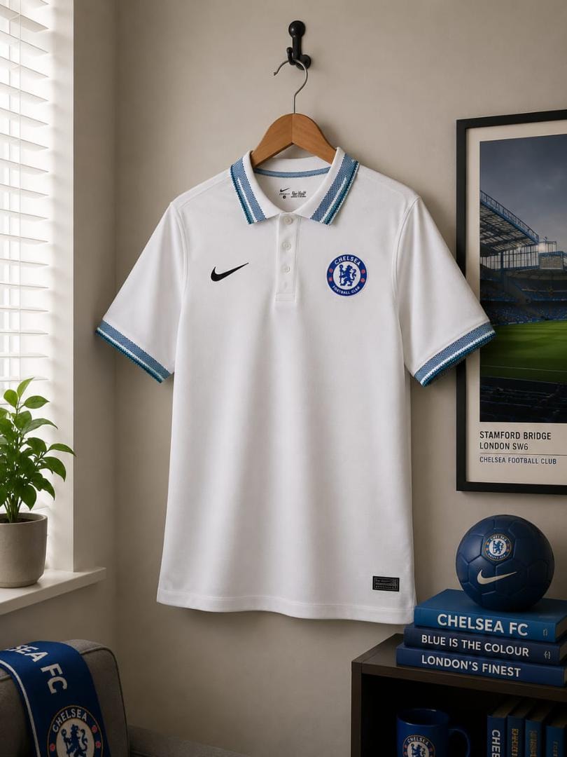White Chelsea FC polo jersey hanging on wooden hanger in a styled room with football accessories.