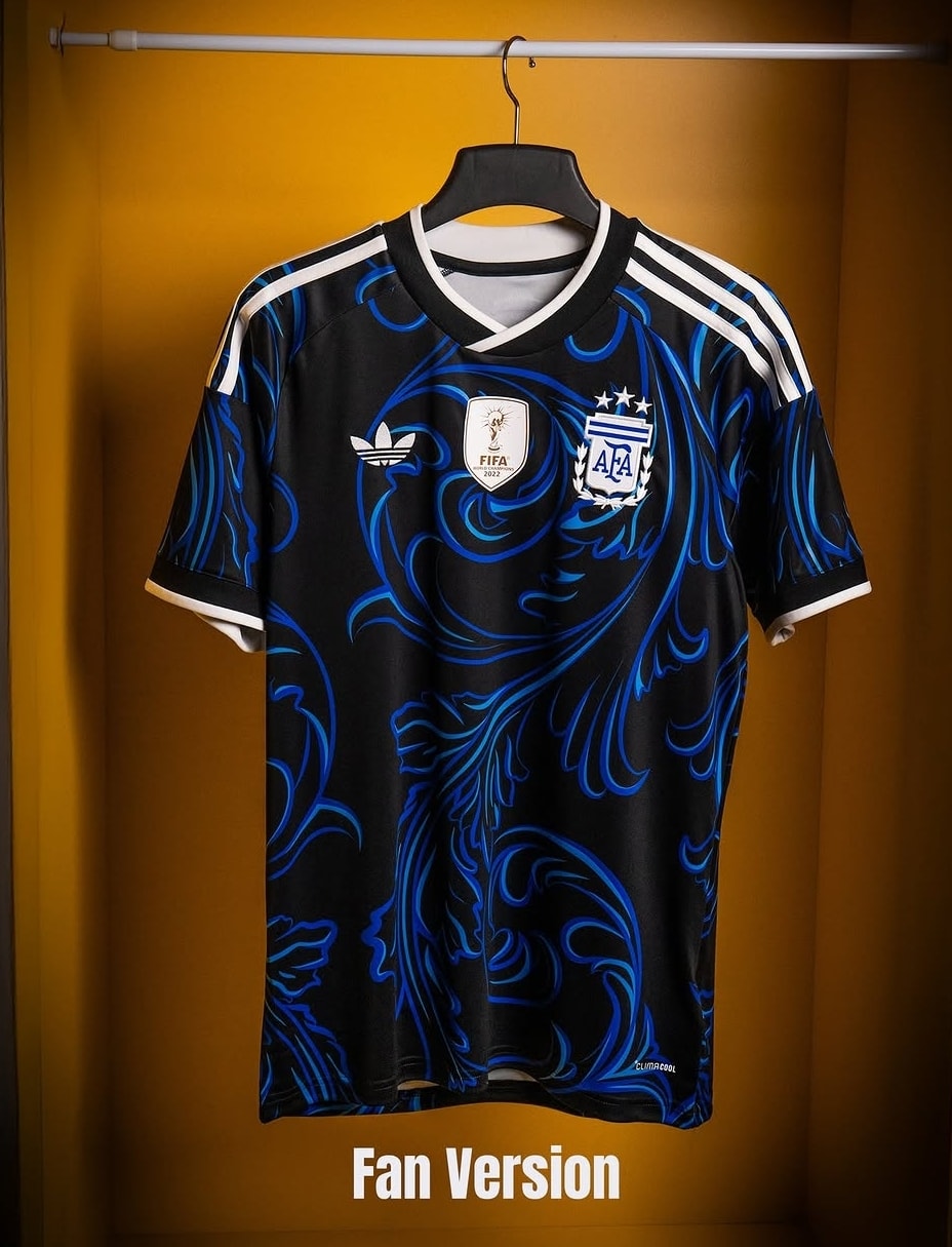 Black and blue patterned Argentina soccer jersey hanging on a black hanger against yellow background.