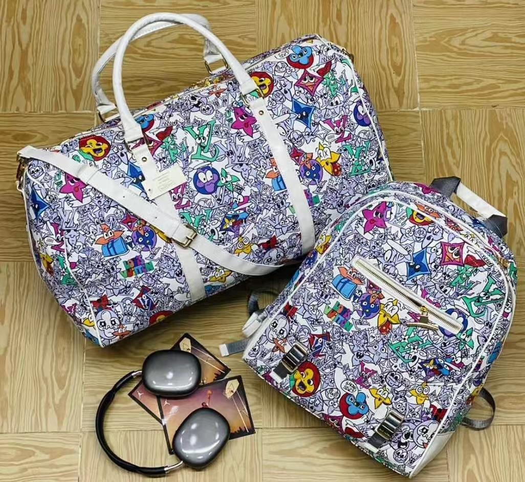 White backpack and duffle bag set featuring colorful cartoons and LV monogram print.