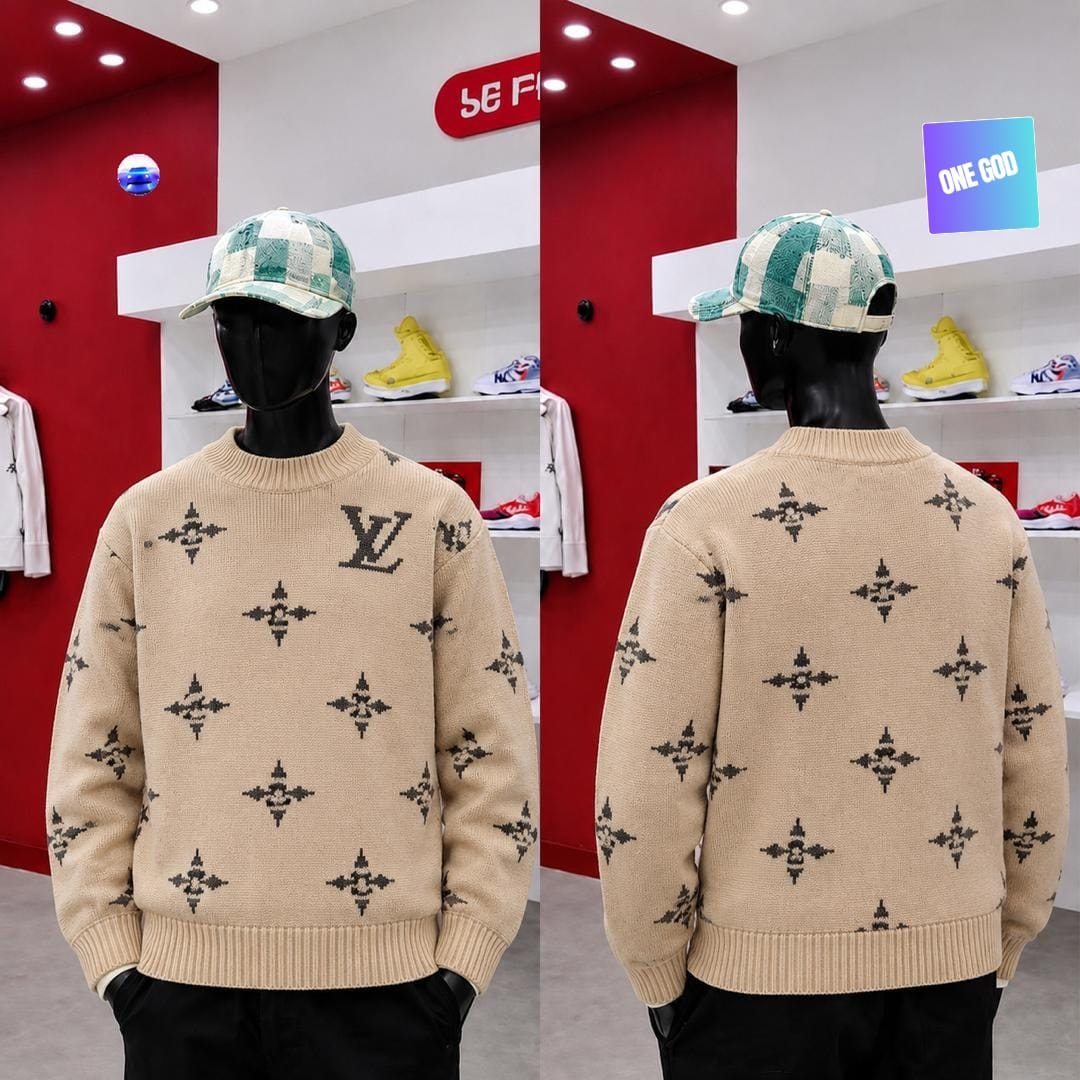 Beige LV monogram knit sweater shown on mannequin from front and back views.