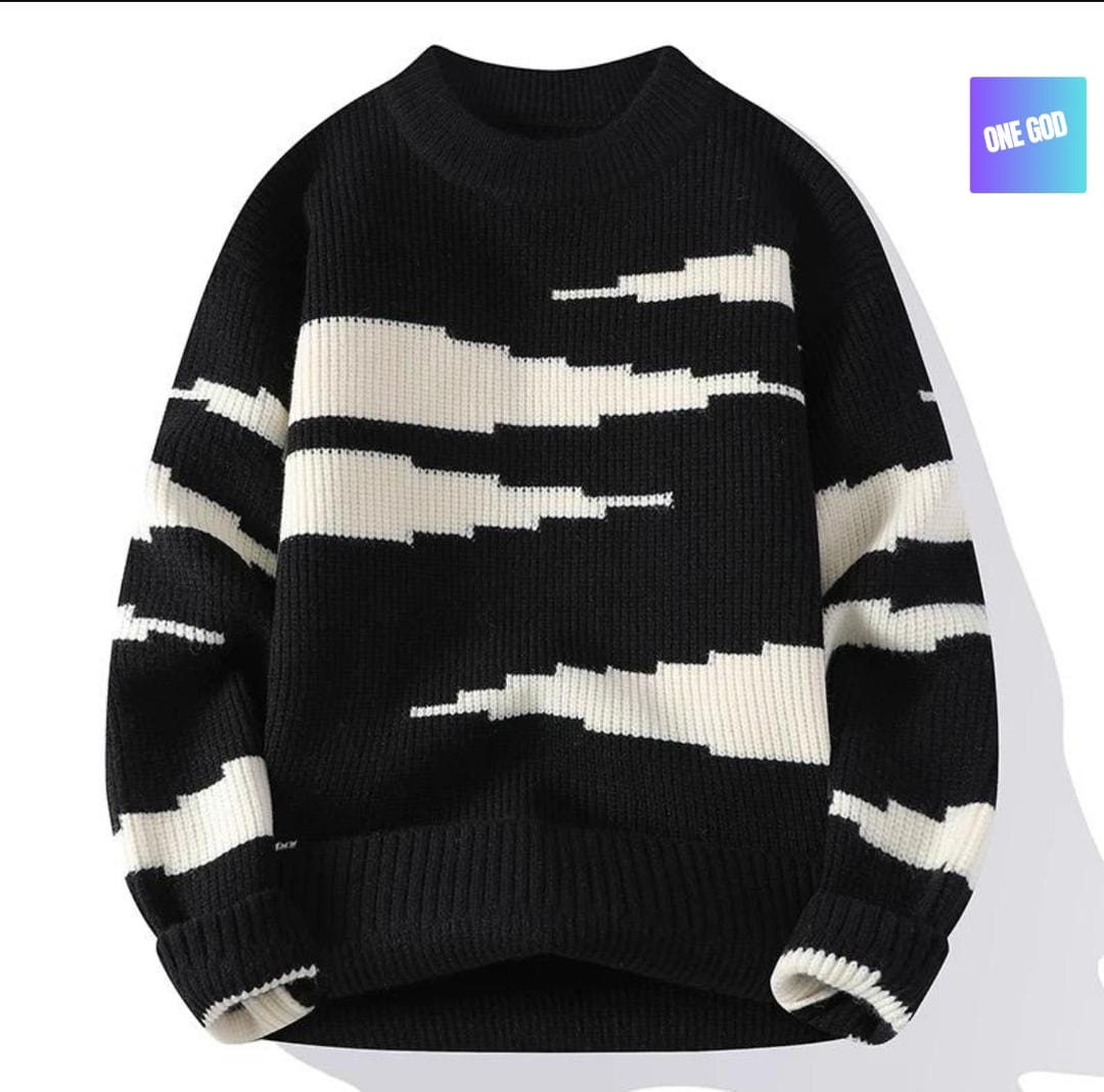 Black glitch stripe knit sweater with white stepped pattern.