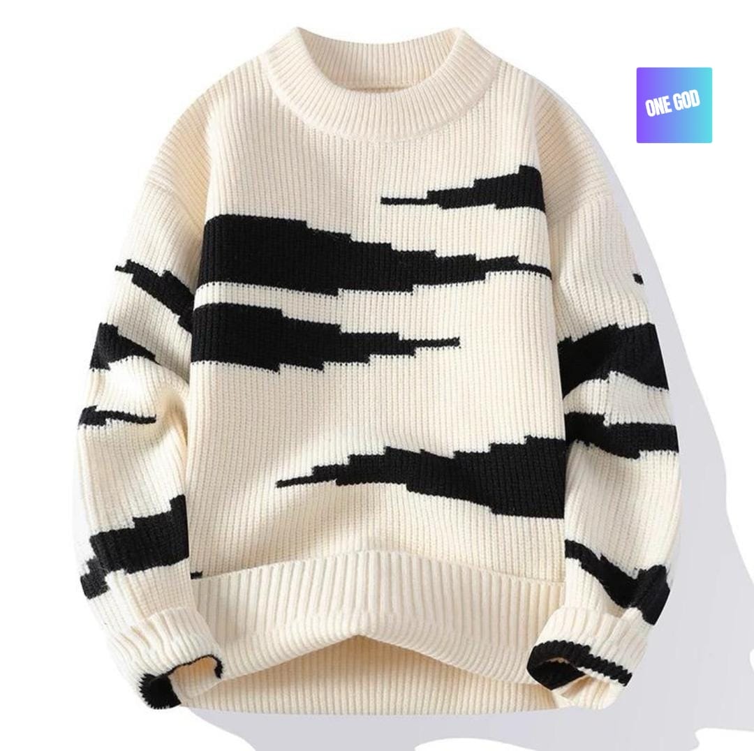 Cream glitch stripe knit sweater with black stepped pattern.