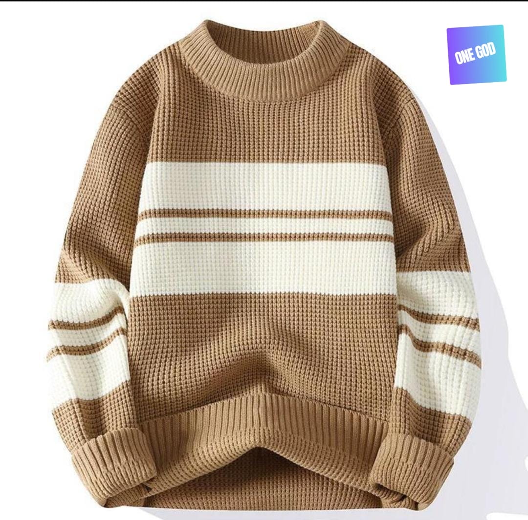 Brown striped waffle knit sweater with white horizontal bands.