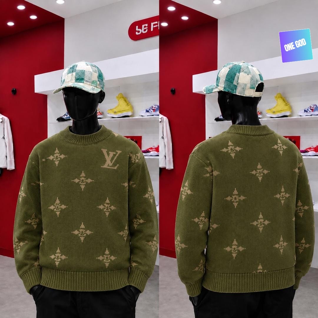 Olive LV monogram knit sweater shown on mannequin from front and back views.