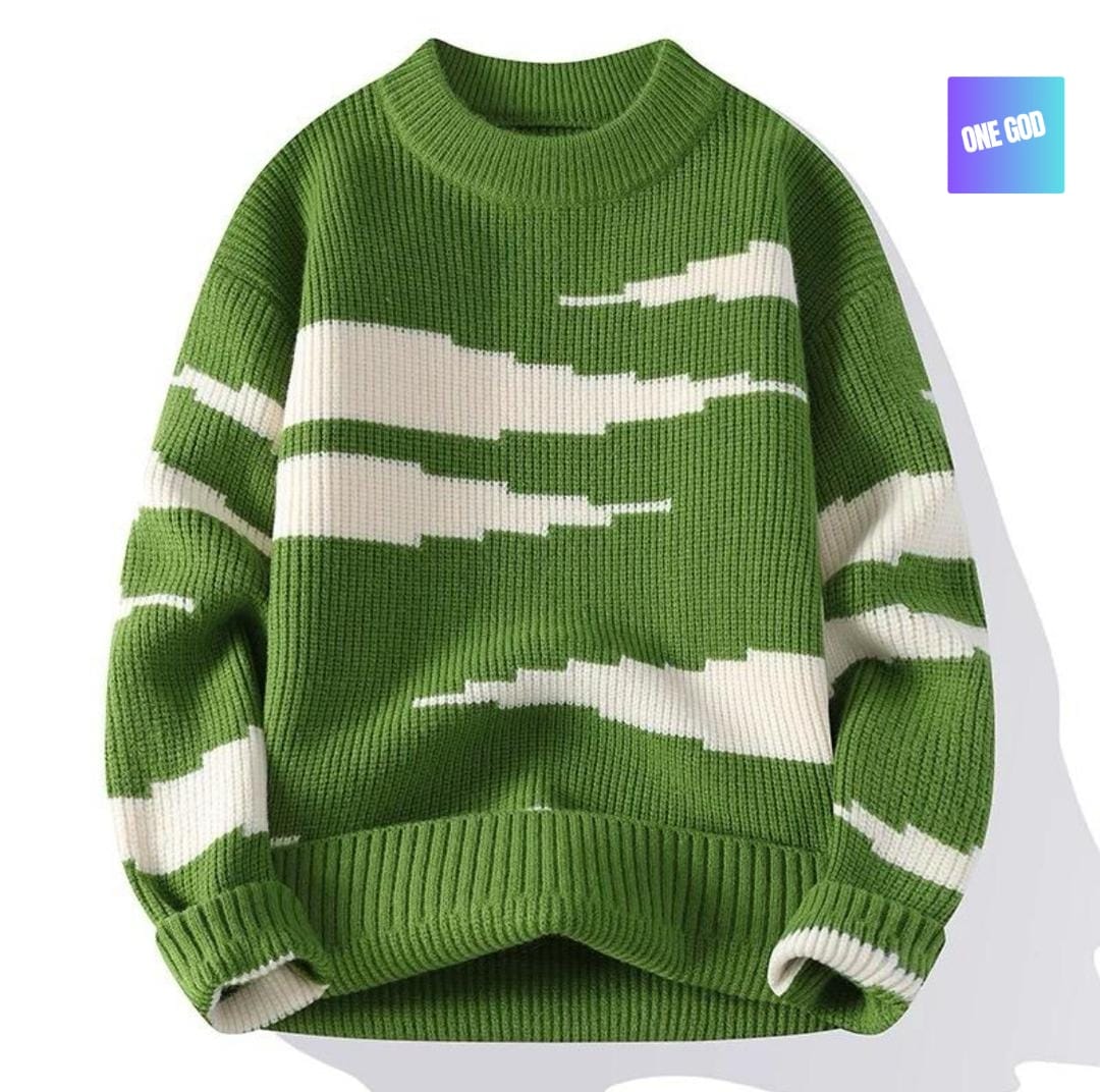 Green glitch stripe knit sweater with white stepped pattern.