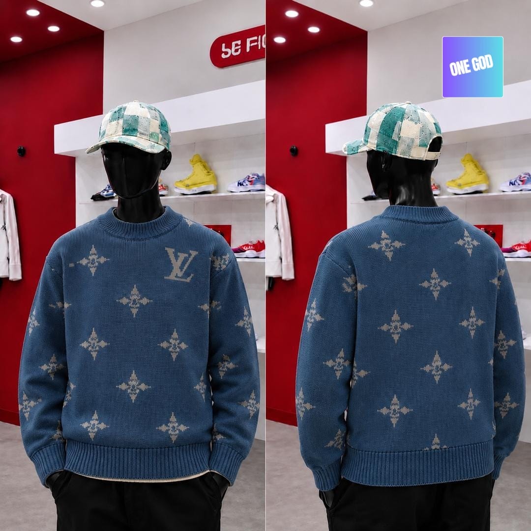 Blue LV monogram knit sweater shown on mannequin from front and back views.