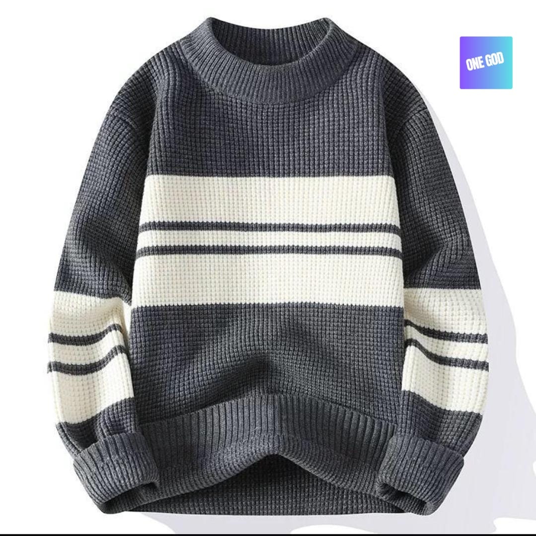 Gray striped waffle knit sweater with white and dark horizontal bands.