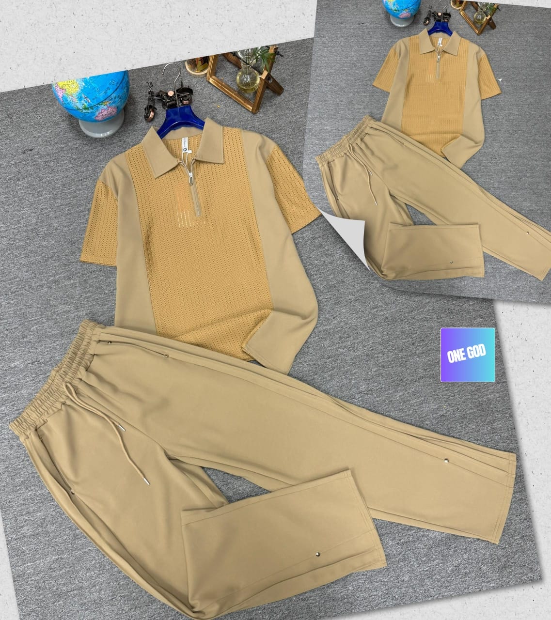 Tan perforated quarter-zip polo shirt and matching jogger trousers two-piece set.