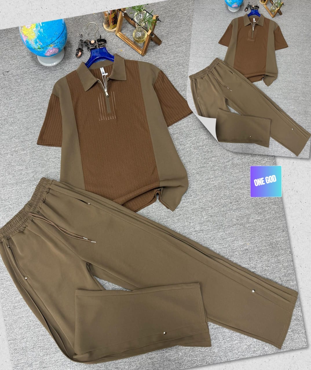 Brown perforated quarter-zip polo shirt and matching jogger trousers two-piece set.