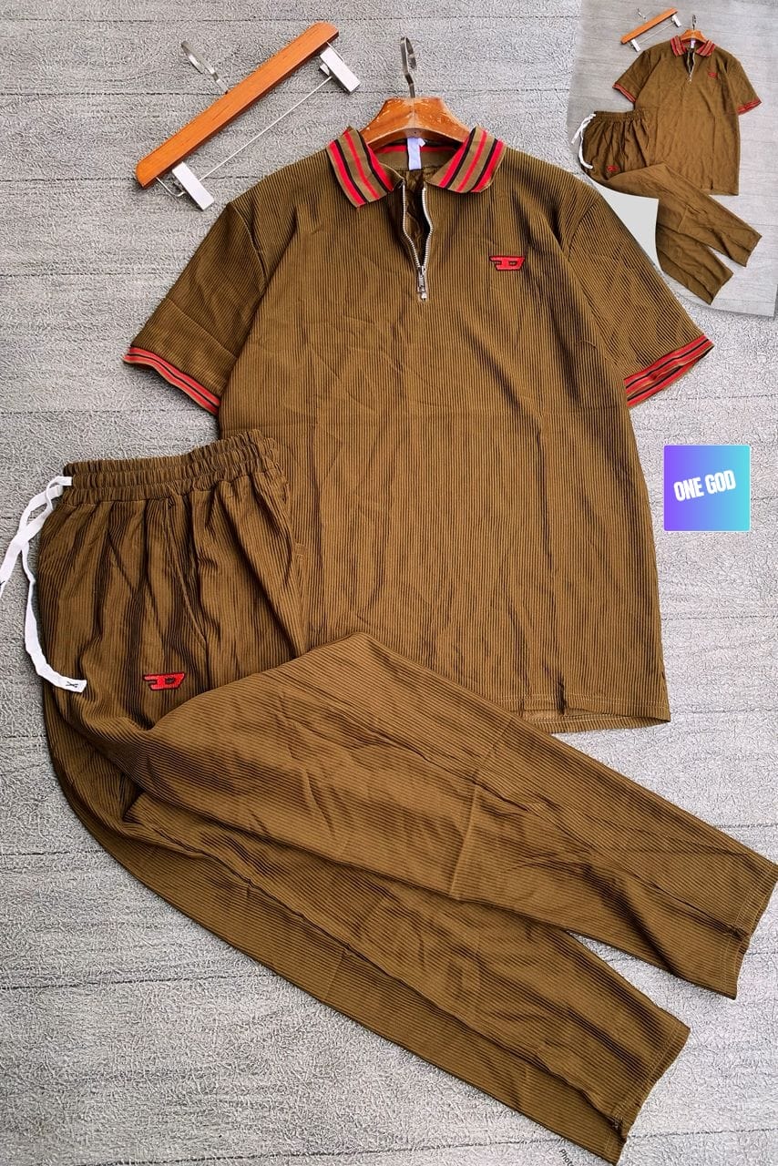 Brown ribbed two-piece set with striped collar and red logo.