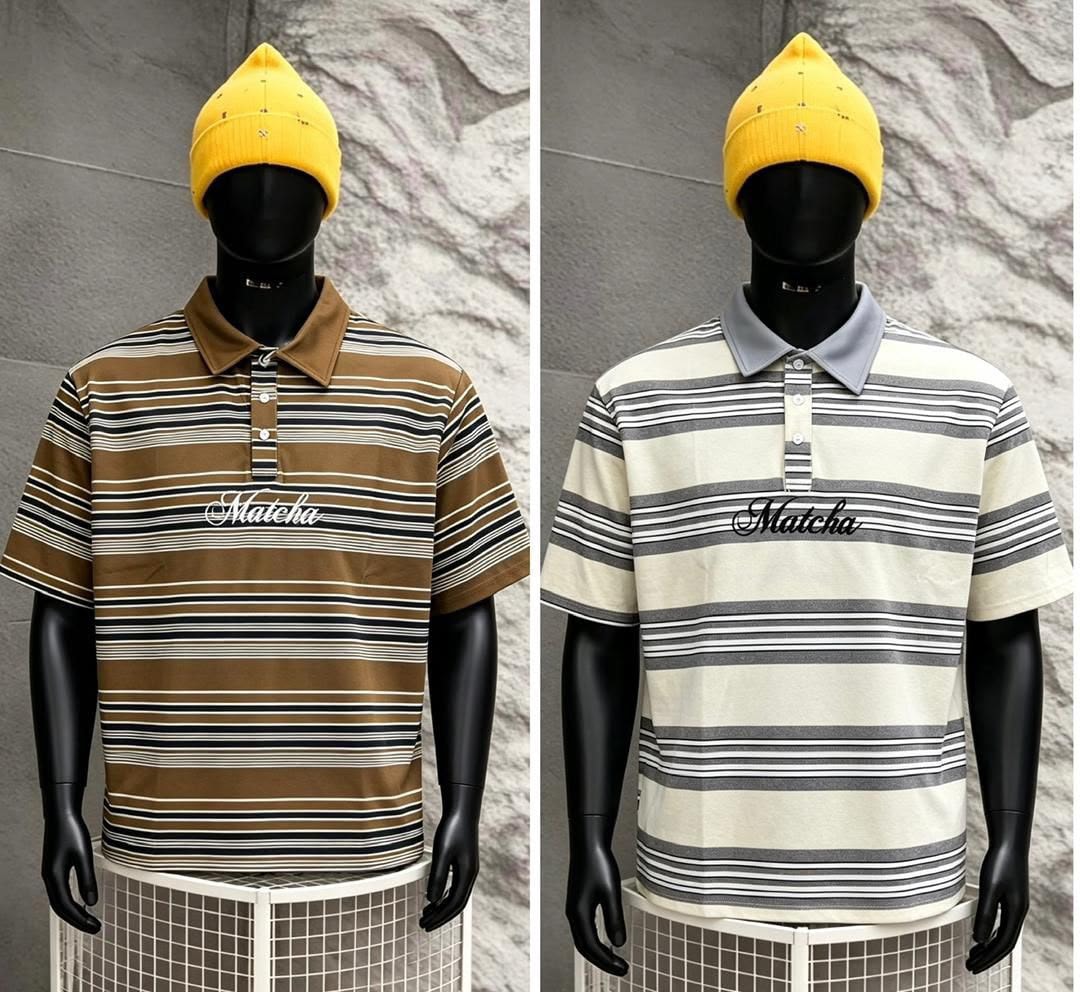 Two striped Matcha polo shirts in brown and cream colorways on mannequins with yellow beanies.