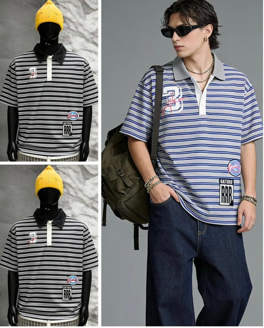 Striped polo shirts with graphic prints, number 3 and patches shown in black and blue colorways on mannequin and model.