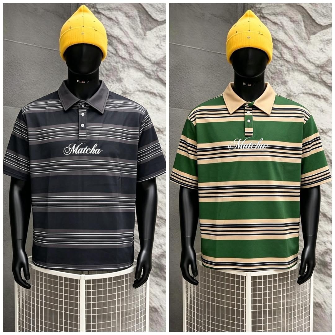 Two striped Matcha polo shirts in dark gray and green colorways on mannequins with yellow beanies.