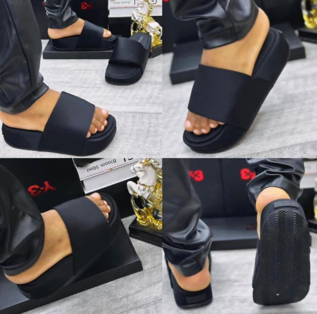 Black Y-3 platform slides worn on model from multiple angles including side and bottom views.