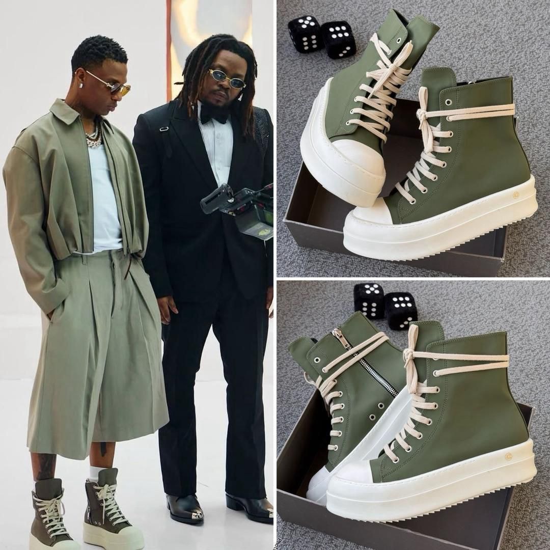 Olive green high-top platform sneakers with white soles, zipper detail and lifestyle shots.