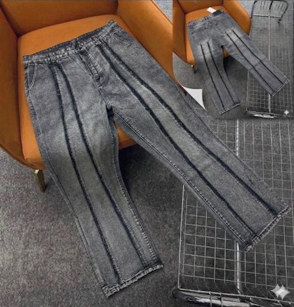 Gray baggy jeans with vertical dark stripes on legs, shown with back view.