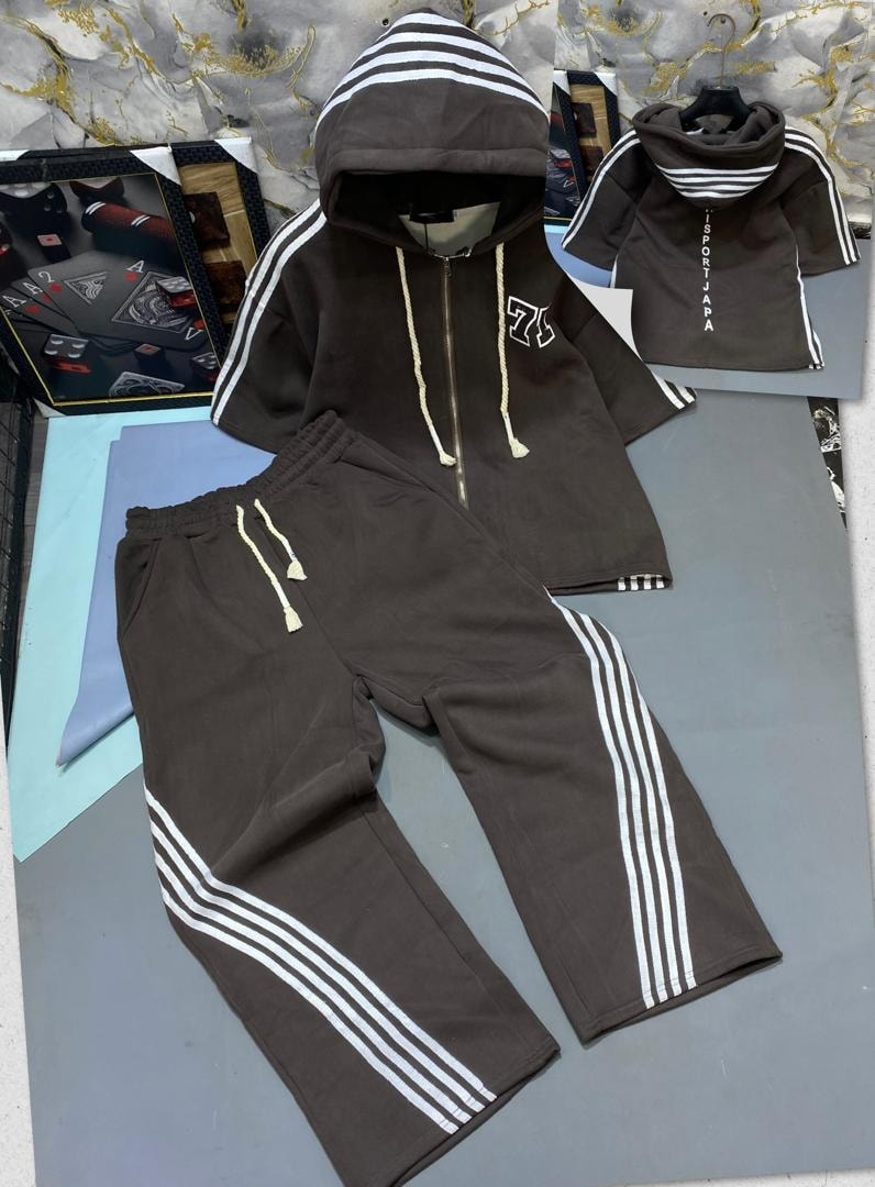 Brown 77 striped zip-up hoodie tracksuit with pants.