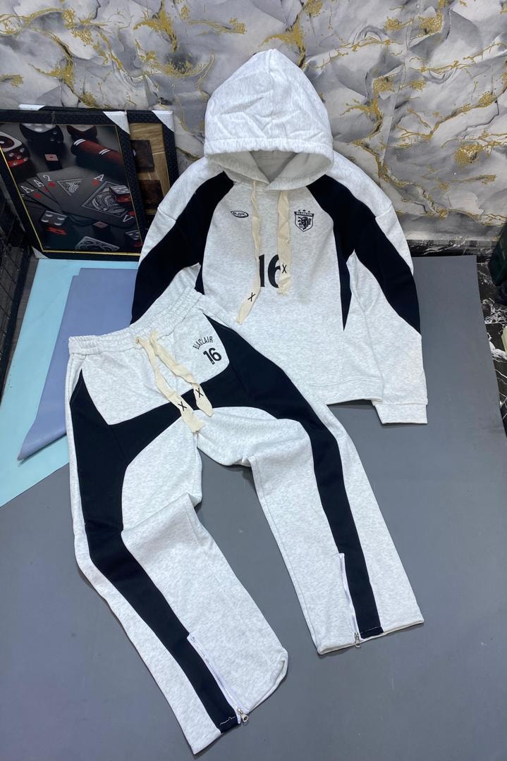 Grey colorblock 16 crest hooded tracksuit with pants.