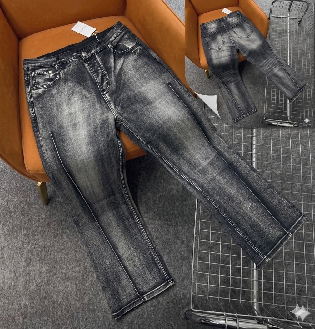 Faded gray baggy jeans displayed on orange chair with front and back views in collage.